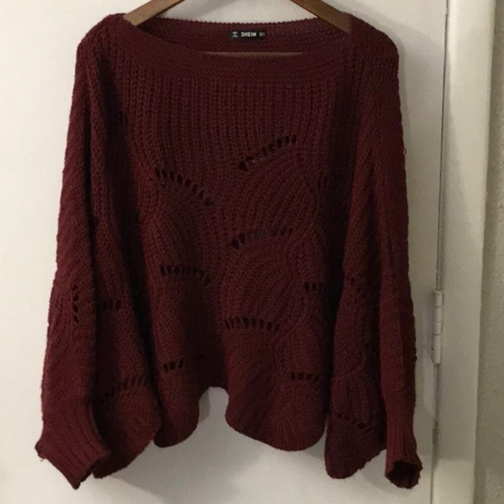 SHEIN Burgundy Chunky Sweater Poncho Sleeves S Grandmacore Cozy Comfy Winter - Picture 4 of 9